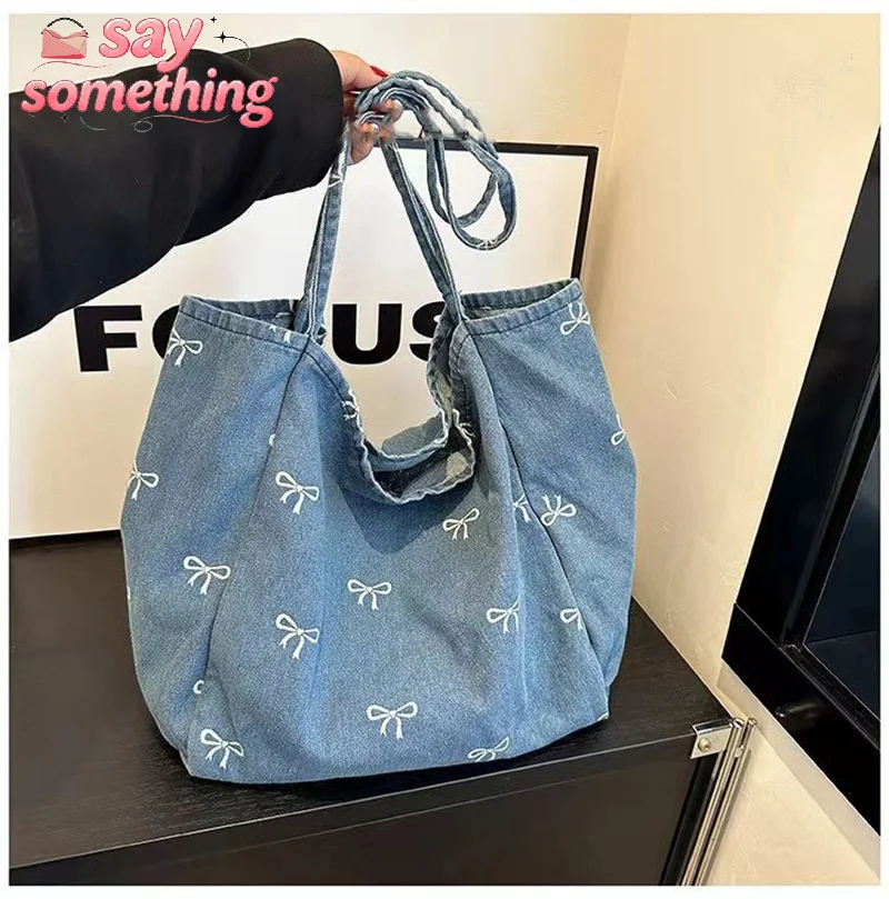 

Красивая джинсовая сумка-шоппер с бантом, вместительная повседневная сумка через плечо для девушек, модная и простая сумка на плечо