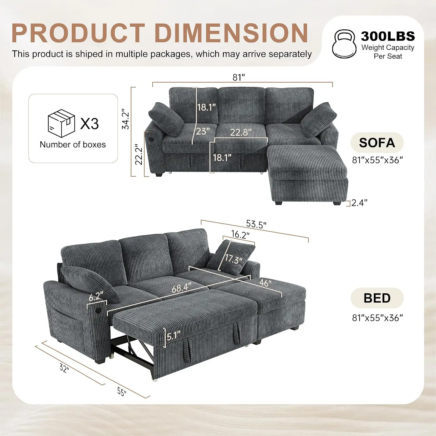 Corduroy Sectional Sofa with Pull Out Bed, Storage Ottoman & USB Charging, 81