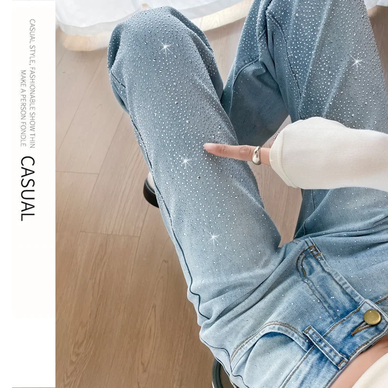 American Style Women Light Blue Solid Color High Waist Simple Basic Daily Crystal Loose Flared Jeans Pants Female Denim Trousers