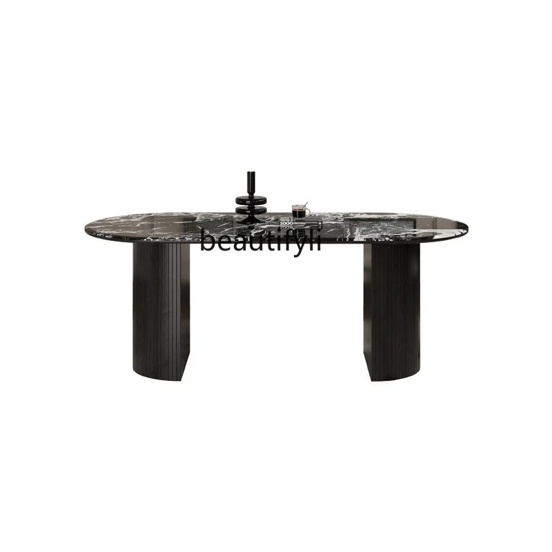 French retro marble dining table household black luxury stone oval solid wood dining table