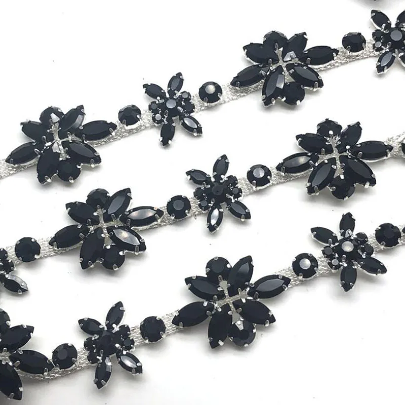 

10Yards High Quality Rhinestone Banding Belt Trim Crystal Rhinestone Trimming Black Flowers Applique