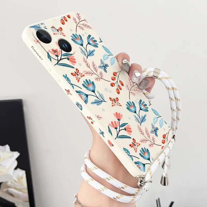 Sunrise Floral Crossbody Lanyard Silicone Phone Case For iPhone 14 13 12 11 Plus Pro Max Mini X XR XS SE2020 8 7 6 6S Plus Cover