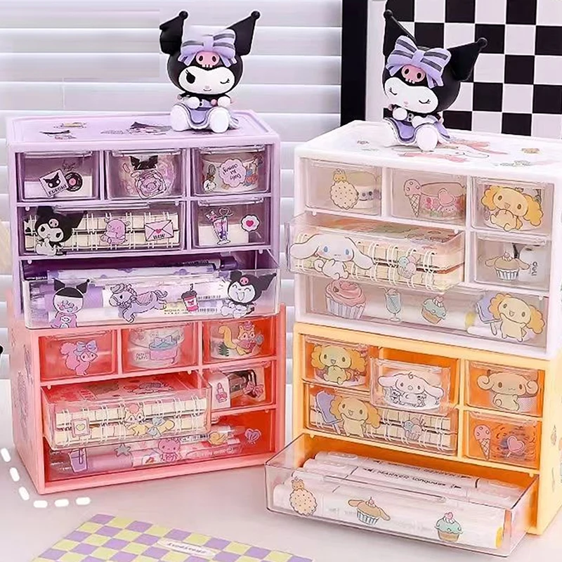 Sanrios Kuromi Multi-Layer 6 Palace Grid Storage Box Desktop Drawer-type Transparent Organizing Box Jewelry Shelf Send Stickers