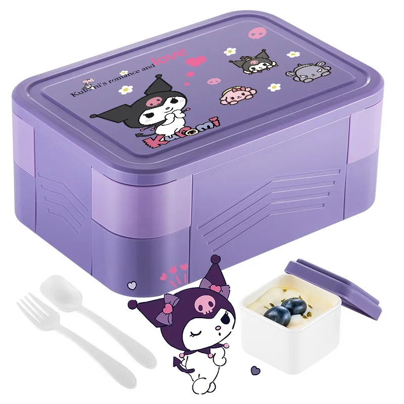 1550ml sanrio dos desenhos animados kuromi melodia dupla camada portátil lancheira recipiente à prova de vazamento talheres recipiente de alimentos micro-ondas