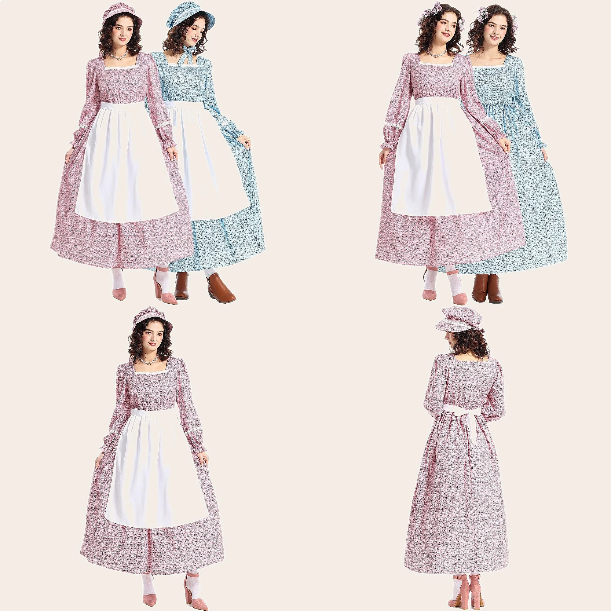 

Vintage Floral Maid Long Dress French Farm Girl Cosplay Costume Apron Hat Set