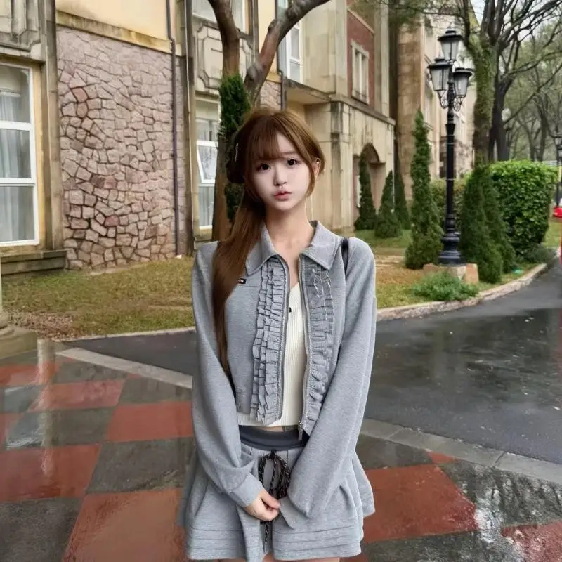 Spring 2026 Women's College Style  Jacket Skirt Set Turn-down Collar Retro Two-piece Ensemble Fashionable Workwear