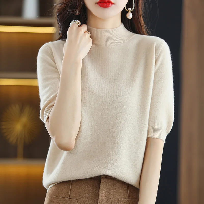 Women\'s Half High Collar Half Sleeve Knitted Shirt, Wool Underlay Pullover, Versatile Top