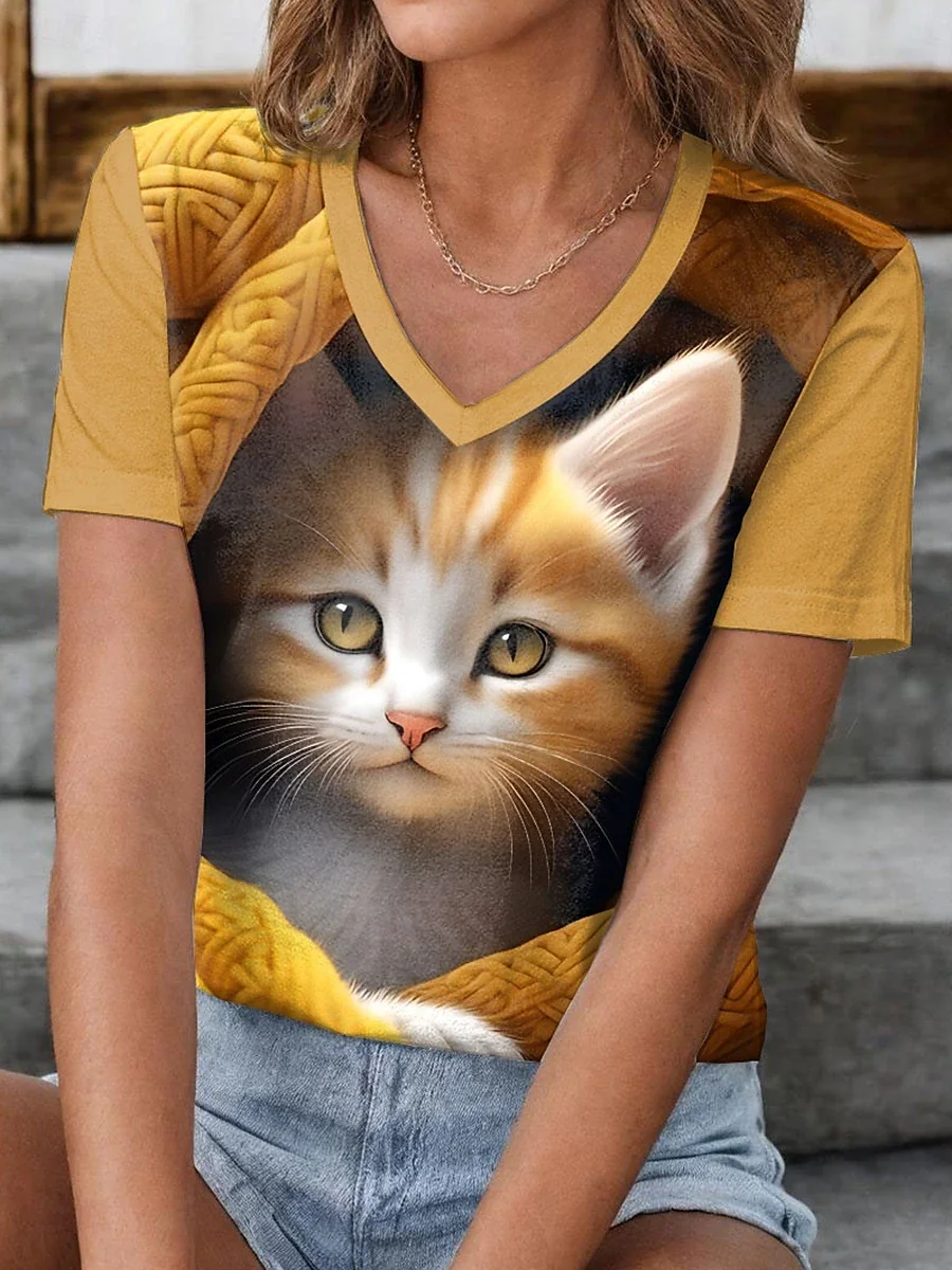 

Outdoor Women's T-shirt Cat Printed Short Sleeve Female Harajuku Tees Ladies T Shirt Oversized V-neck Tops Animal Women Clothing