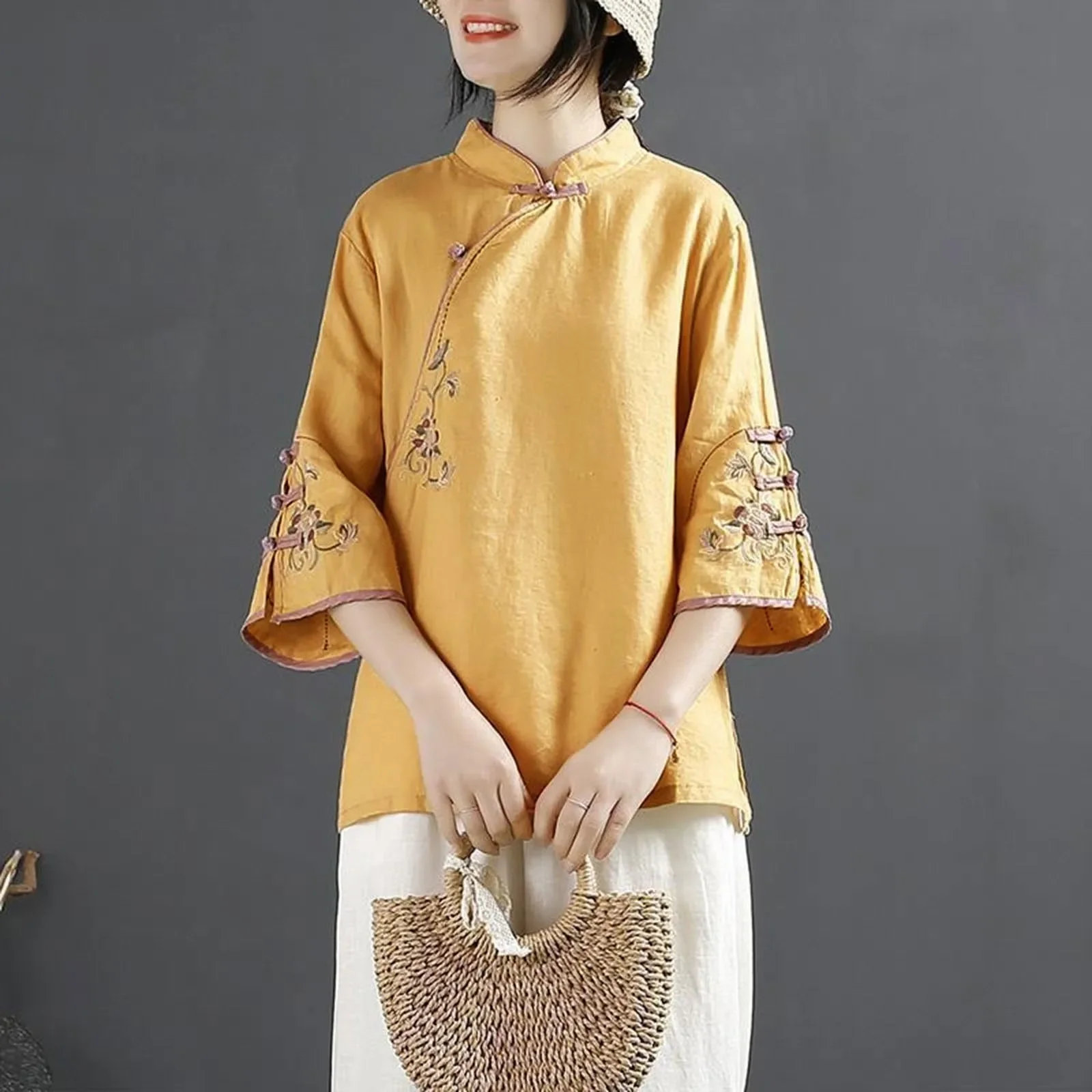 

Женские топы с рукавами четверть в стиле ретро, женская хлопково-льняная рубашка, блузка, традиционные китайские костюмы Ttang Hanfu