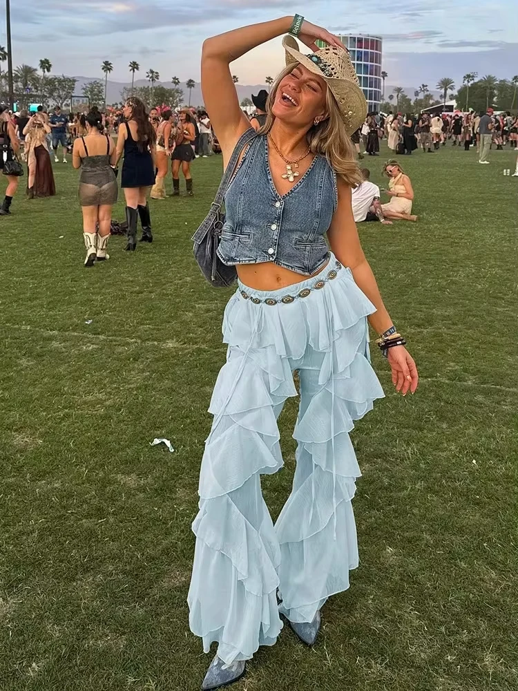 سراويل شبكية مرقعة موضة جديدة متينة غير منتظمة ذات ثنيات عالية الخصر سراويل مستقيمة فضفاضة ملابس خروج أنيقة #2