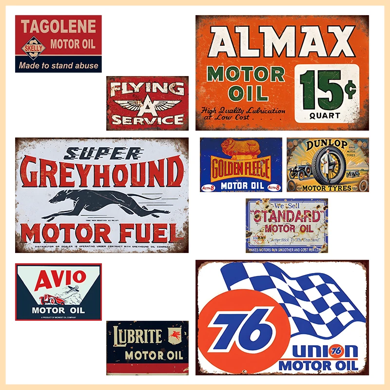 Rustic Vintage Fuel & Motor Oil Metal Tin Sign, Retro Checkered Flag Wall Decor for Garage Man Cave, Chic Gift Home Wall Art