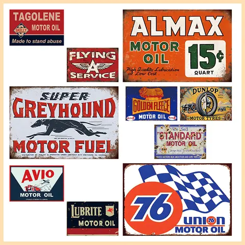 Rustic Vintage Fuel & Motor Oil Metal Tin Sign, Retro Checkered Flag Wall Decor for Garage Man Cave, Chic Gift Home Wall Art