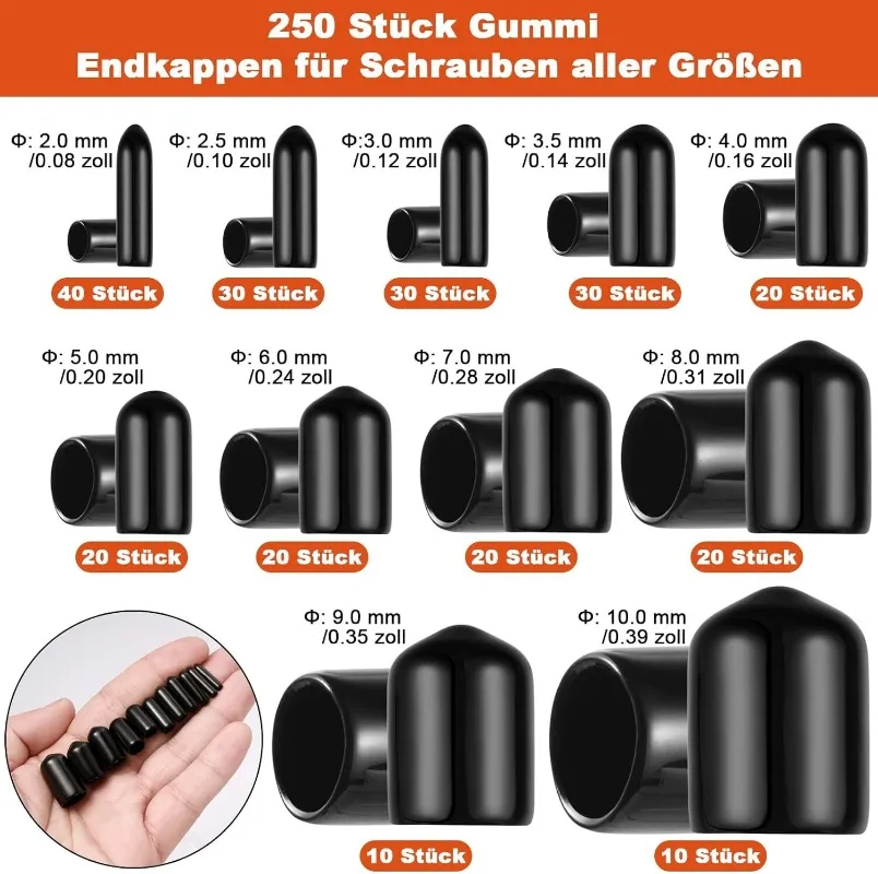250Pcs/box PVC Vinyl Rubber Round End Cap Thread Cover Steel Pipe Protector Sleeve for Screws