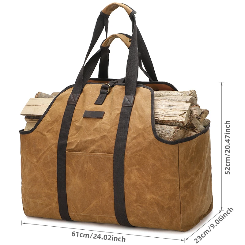 Large Camping Firwood Wood Bag Durable Canvas Log Carrier Tote Storage Bag with Reinforced Handles for Fireplace BBQ Farmhouse