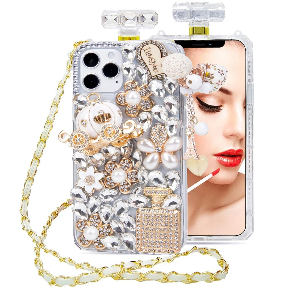 

Luxury Sparkling perfume Bottle Diamond Case For iPhone 15 14 13 12 11 Pro Max X XS XR 7 8 Plus Leather Lanyard Strap Back Cover