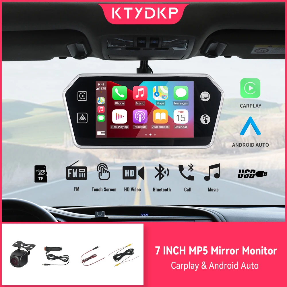 KTYDKP 7 Inch Car Rear View Mirror Monitor with Camera Carplay Andriod Auto HD Video FM Radio MP5 Multimedia Player with USB TF