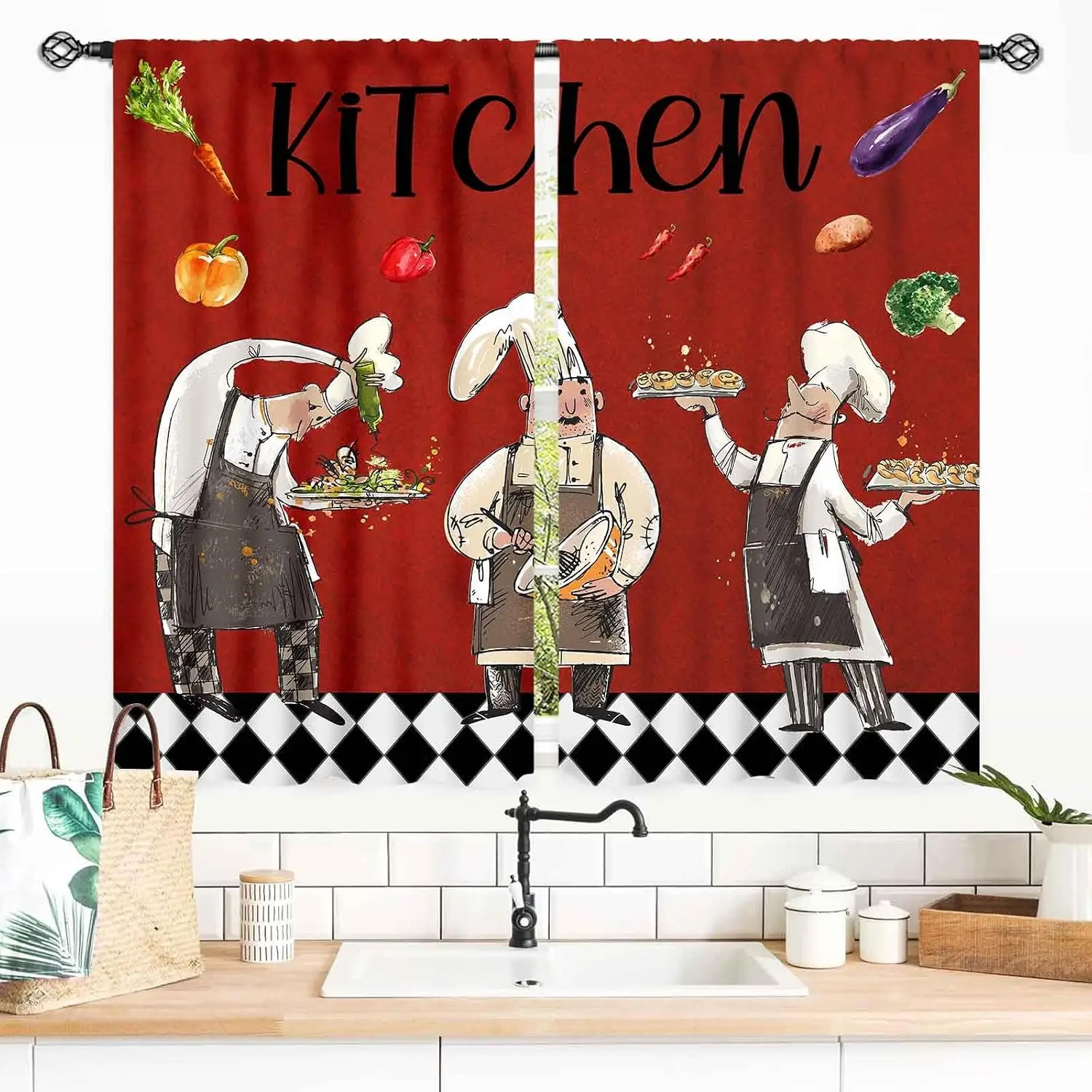 Red Background Cartoon Chef Vegetable Kitchen Curtains, Black White Rhombus Border Window Drapes for Home Kitchen Bistro Decor