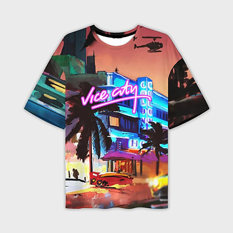 Grand Theft Auto VI masculino impresso em 3D camiseta de manga curta, moda de rua casual, camiseta de praia Harajuku extragrande, cidade do pecado