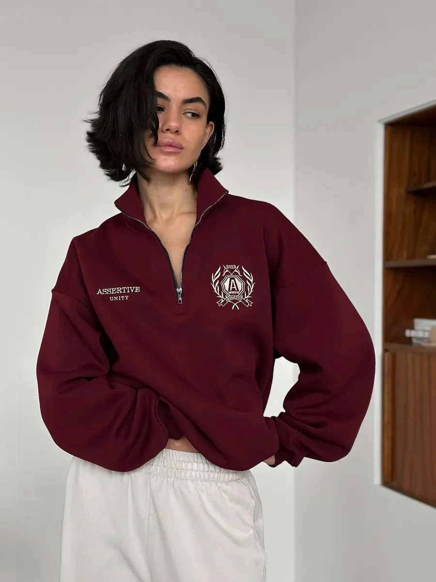 Sweat-shirt ample imprimé f avec fermeture éclair pour femme, confortable, décontracté, Long, col montant, fermeture éclair, Design Faionable, Streetwear