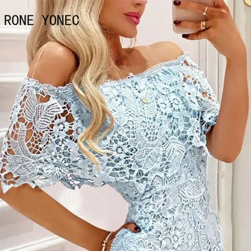 Kobiety Sexy solidna Off Shoulder wycięty kołnierz koronkowa kieszeń Bodycon seksowne rampersy