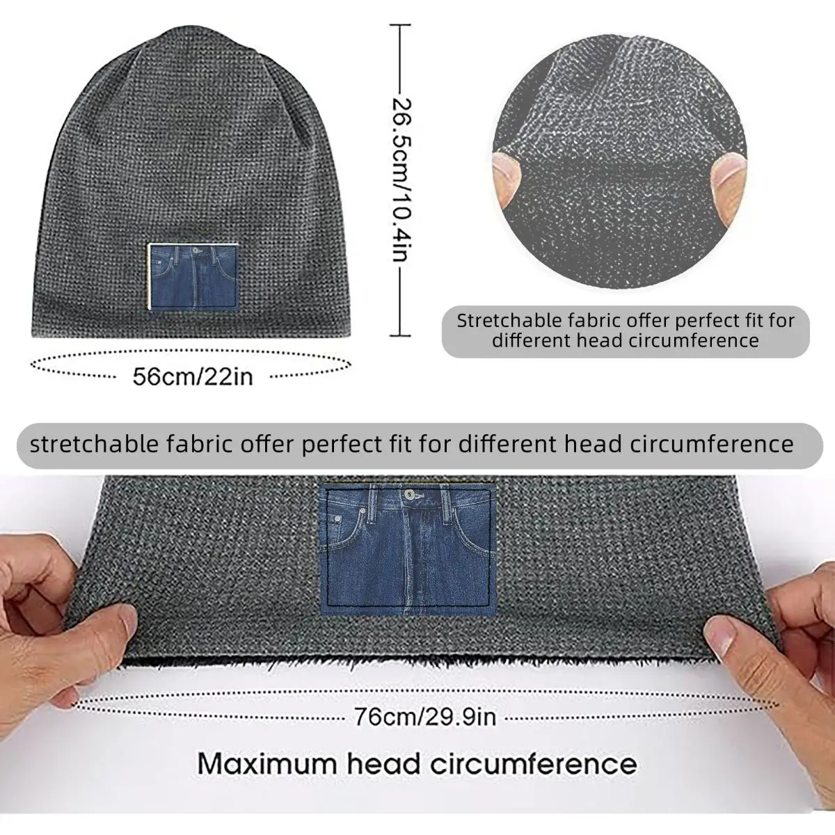 Blue Denim Classic Jeans Texture Waffle Knit Fleece Lined Beanie with PU Leather Patch Unisex Warm Winter Soft Cap