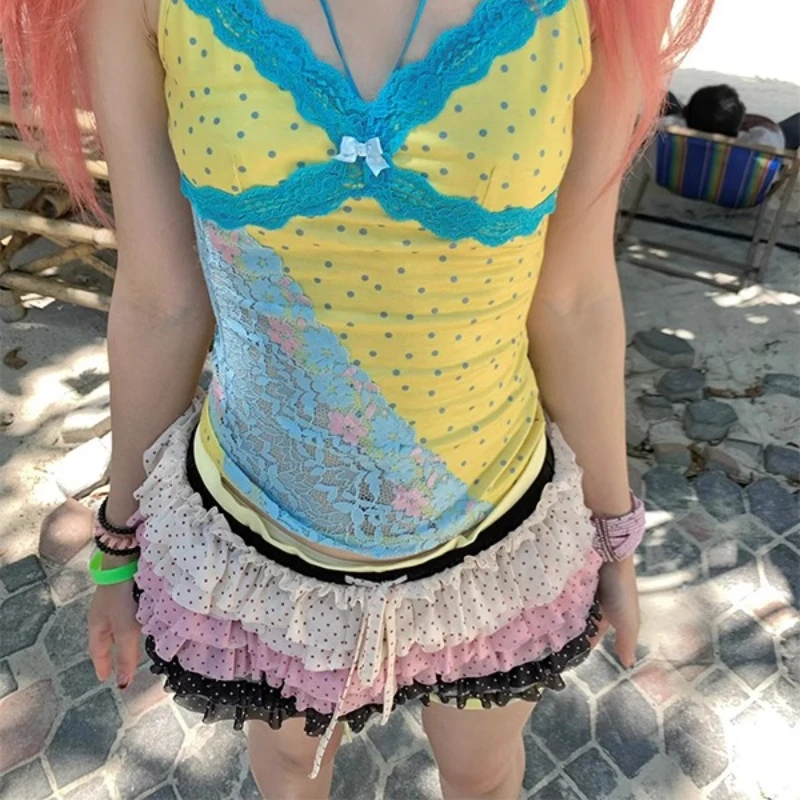 American Retro Women's Clothing 2025 Summer Colorful Polka Dot Multi-layer Cake Skirt New Lace Sexy Hot Girl Short Skirts Female