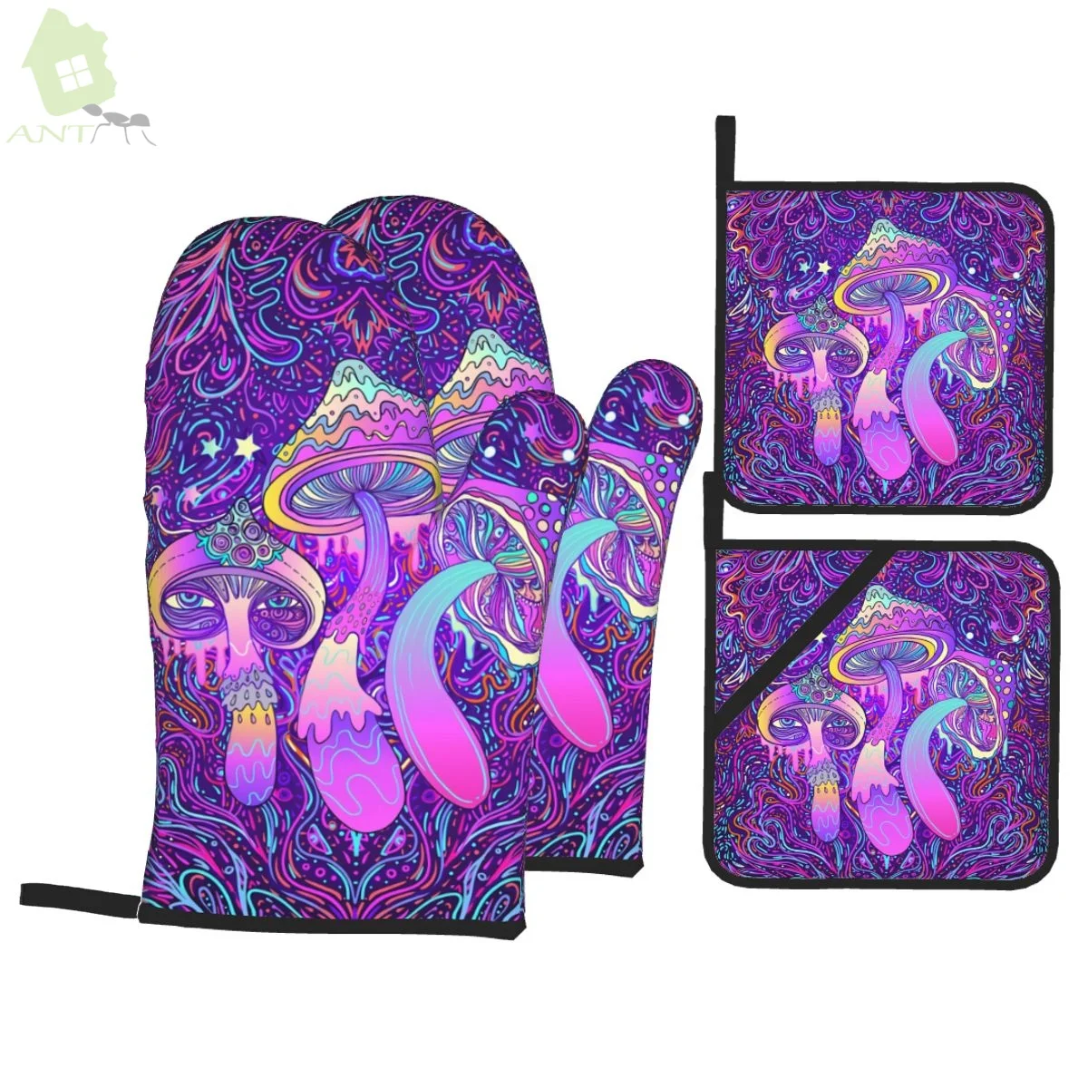 

Psychedelic Colorful Mushroom Oven Mitts and Pot Holders Sets of 4 High Heat Resistant Oven Mitts with Oven Gloves and Hot Pads