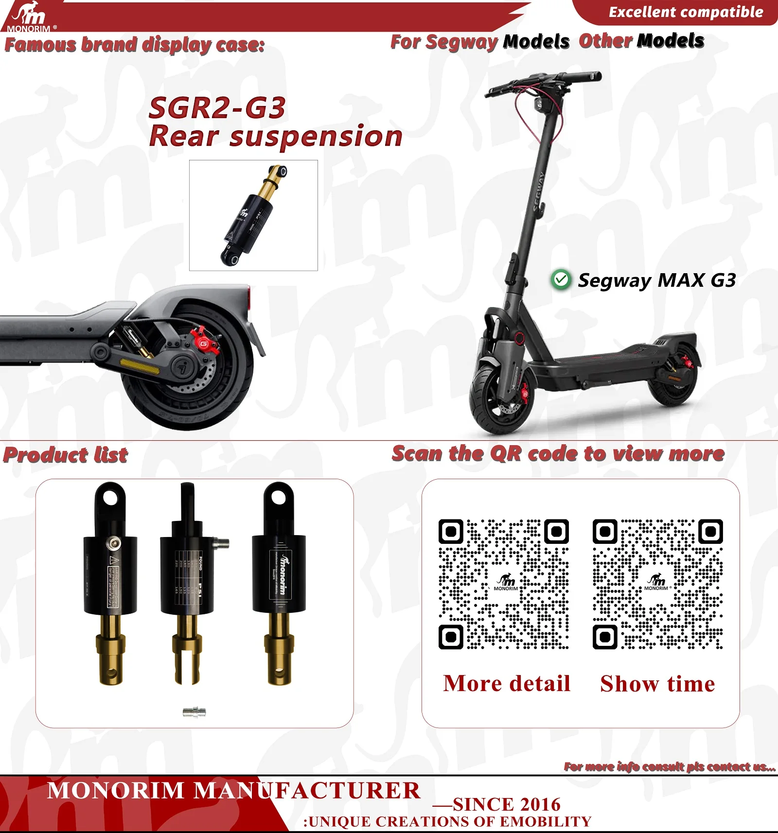 Monorim SGR2 For Segway Ninebot MaxG2/G65/G3 Rear Pneumatic Precision Shock Absorbers. Ninebot Rear Air Suspension.