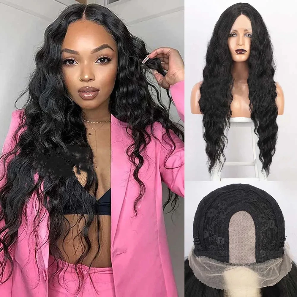 

Long Black Lace Wigs Women's 24 Inch Lace Front Curly Wigs Natural Synthetic Heat Resistant Fiber Glueless Wig Cosplay Hair Sale