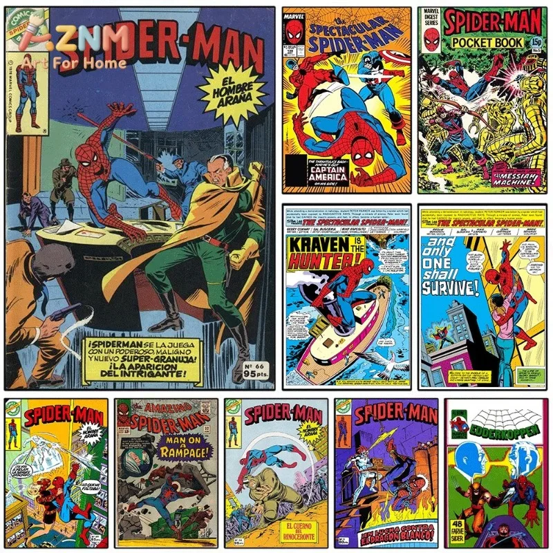 Vintage Foreign Edition Spider‑Man Comic Canvas Wall Art Unframed Canvas Print Retro Marvel Superhero Comic Book Art For Bedroom