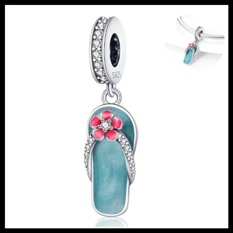 925 Sterling Silver Chameleon, slippers Charms Pendant with Cubic Zirconia,Fit DIY bracelet necklace Gift for Her,Colgante Plata