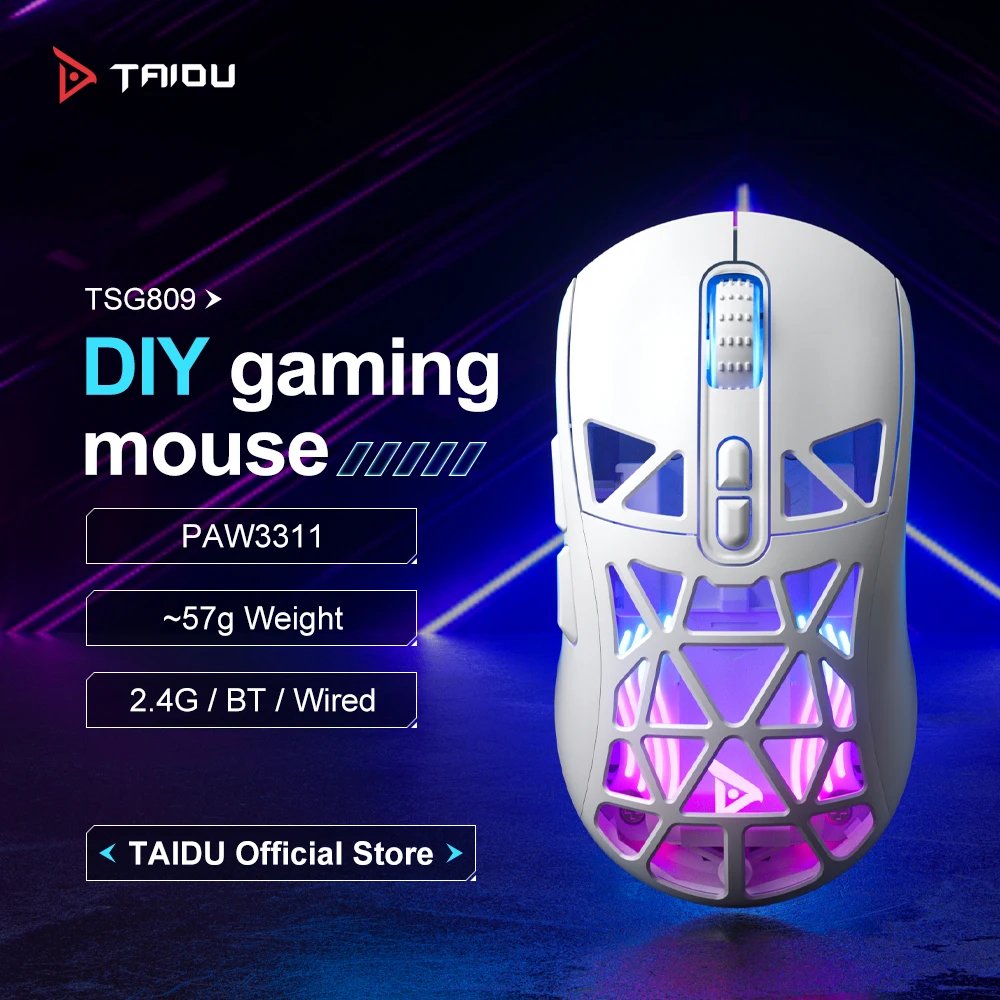 

TAIDU TSG809 Игровая беспроводная мышь 2,4 ГГц/проводная/BT PAW3311 13800 точек на дюйм Легкая белая магнитная крышка 63 г для ПК, ноутбука, геймера