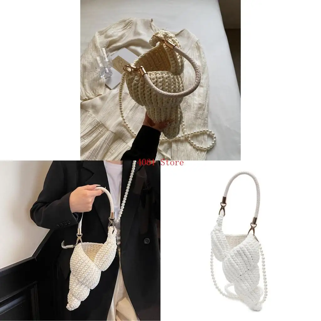

Women Fashion Handbag Handwoven Shoulder Bag with Pearls Strap Top Handle Bag Stylish Crossbody Bag Seashells Bag