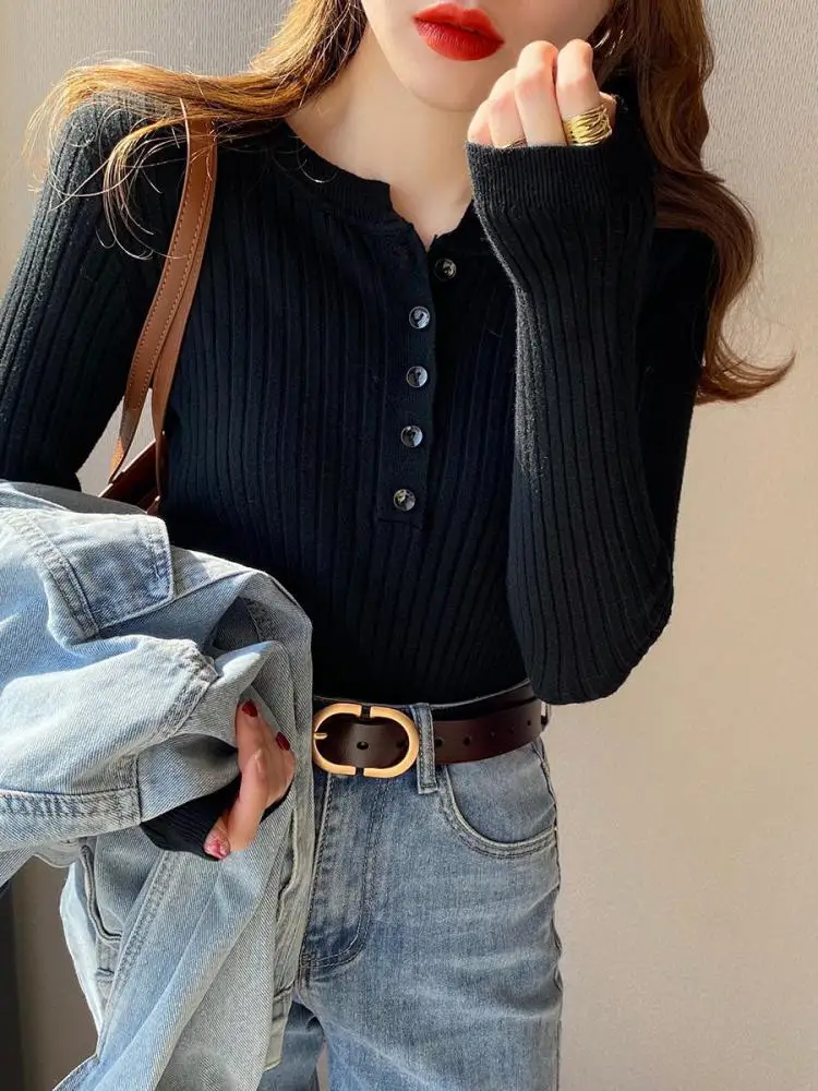 Knitted Women Sweater O-neck Button Pullovers Spring Autumn Basic Sweaters for Female Pullover Slim Solid Bold Stripes Tops