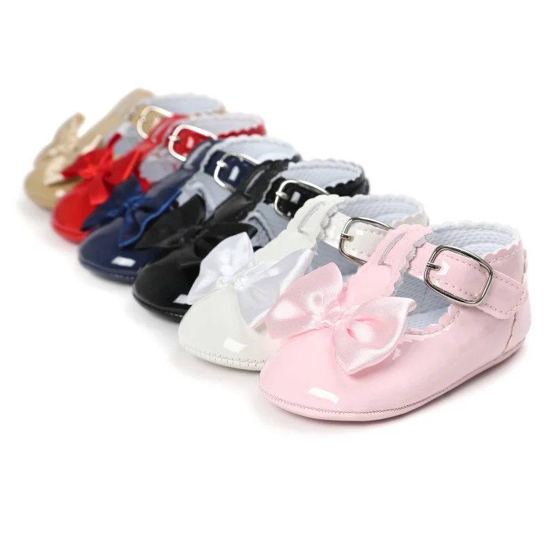 Baby Girl Shoes Solid Color Bowknot Non-slip Soft-Sole Flat PU Infant First Walker Newborn Sneaker Toddler Princess Shoes 0-18M