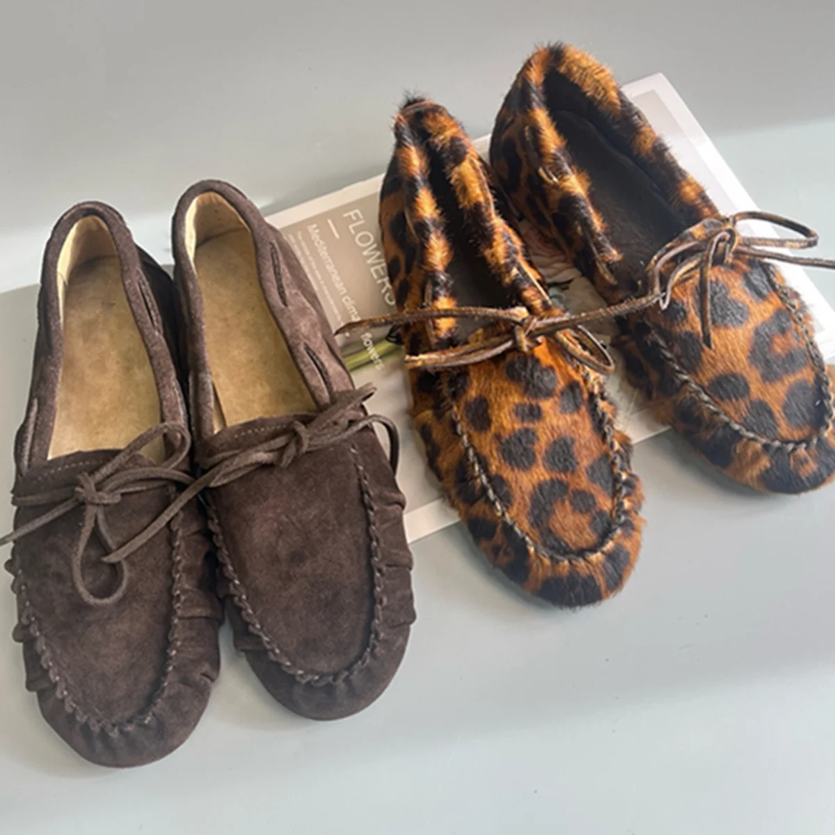 

Jenny&Dave French Woman Shoes,Shoes For Woman Minimalist Vintage Leopard Print Suede Pleated Strap Loafers Handmade Flat Shoes