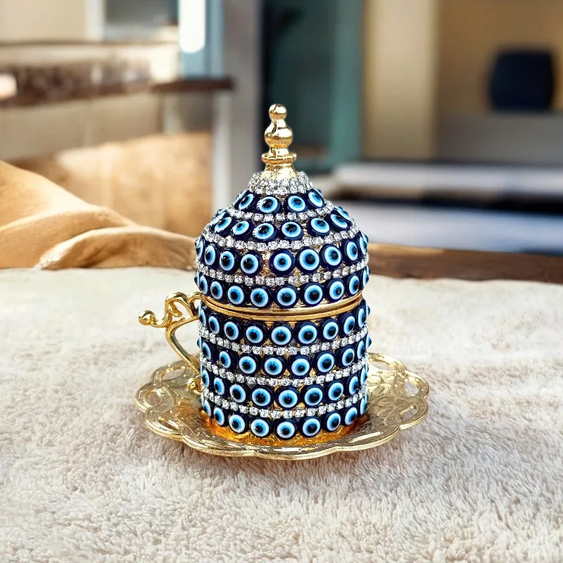 Handmade Turkish Evil Eye Coffee Mug Set, Royal Gold Silver Rhinestone Cup, Ceramic Drinkware Gift Box for Home Decor. view 4
