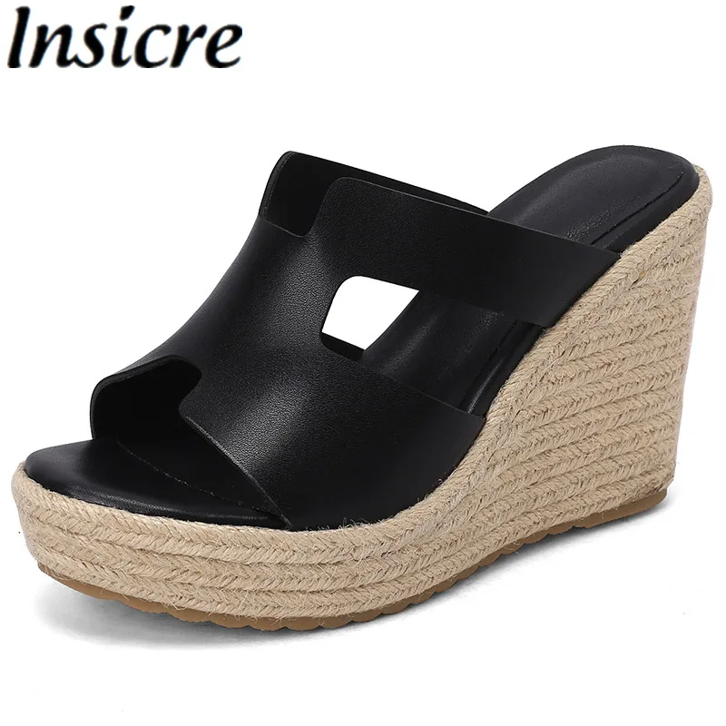 

Insicre 2023 Fashion Slipper Cow Leather Big Size 43 Summer Shoes Wedges Platform Luxury Women Sandal Thick High Heels Round Toe