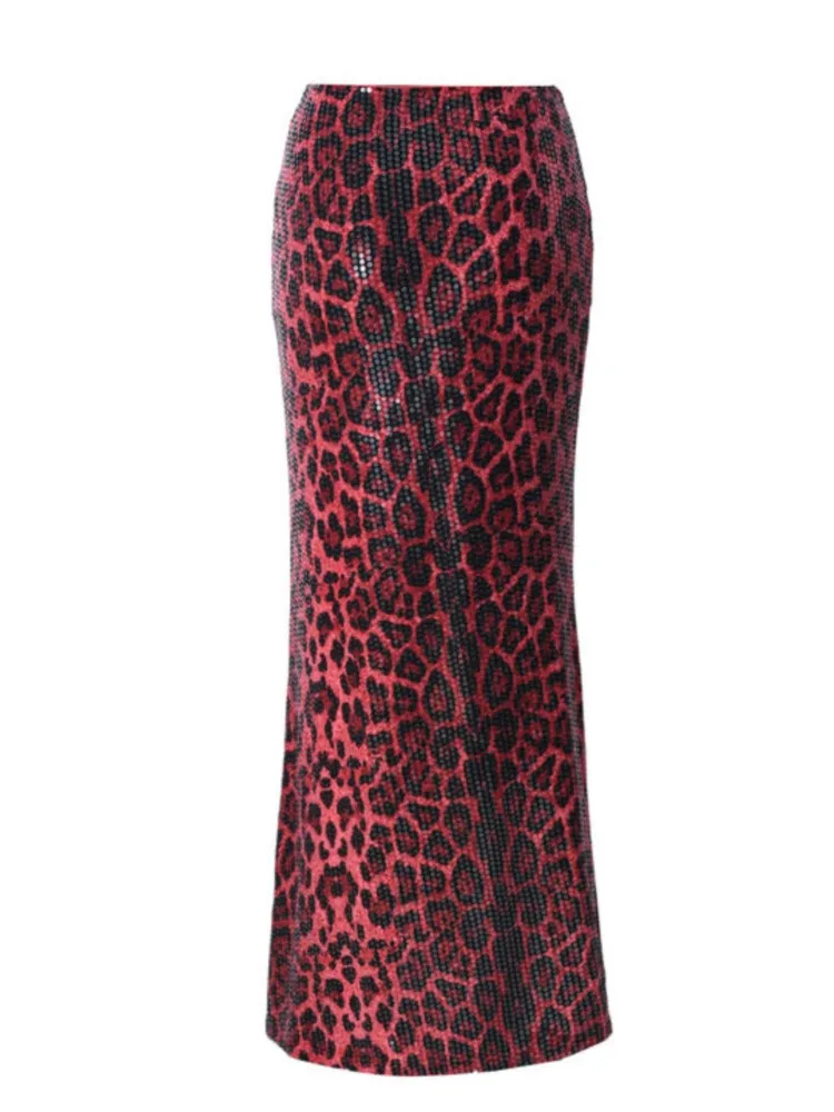 Leopard Print New Skirt For Women Spring Summer Fashion Versatile Elegant Bead Patchwork Long Dress Streetwear Dresses Female