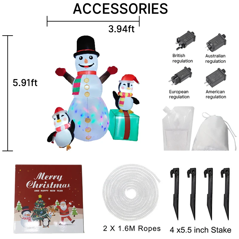 6FTchristmas زينة نفخ ثلج البطريق هدية مربع اللعب ساحة المنزل الحلي مع LED ديكور لوازم عيد الميلاد.