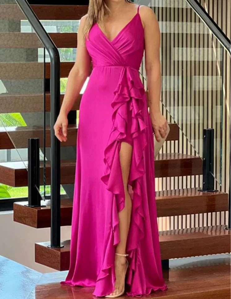 

Sexy Party Dresses for Women Summer Fashion Asymmetrical Ruffled Suspender Sleeveless Side Slit Elegant Evening Long Dress