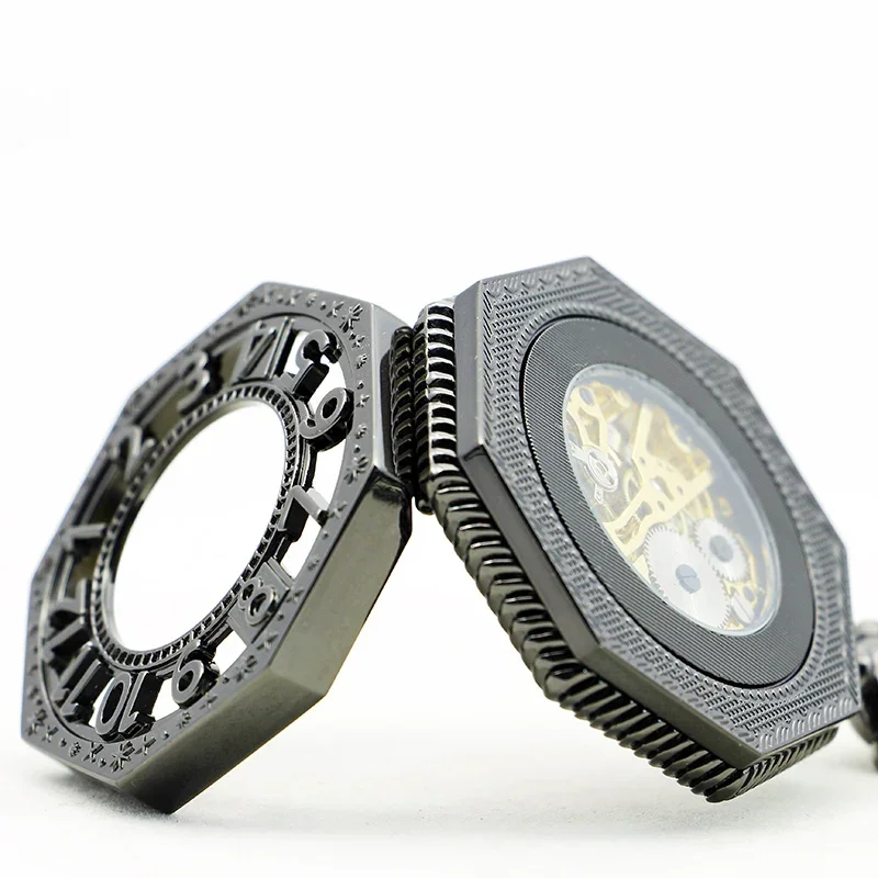Black Hollow Fob Chain Zeshoekig Mechanisch Zakhorloge Mannen en Vrouwen Dame Horloges Heren Vintage Geschenken relojes de bolsillo