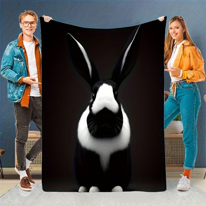 1pc Cozy Black & White Rabbit Flannel Blanket - Soft, Warm, Tear-Resistant, All-Season Throw for Sofa, Bed, Office, Travel