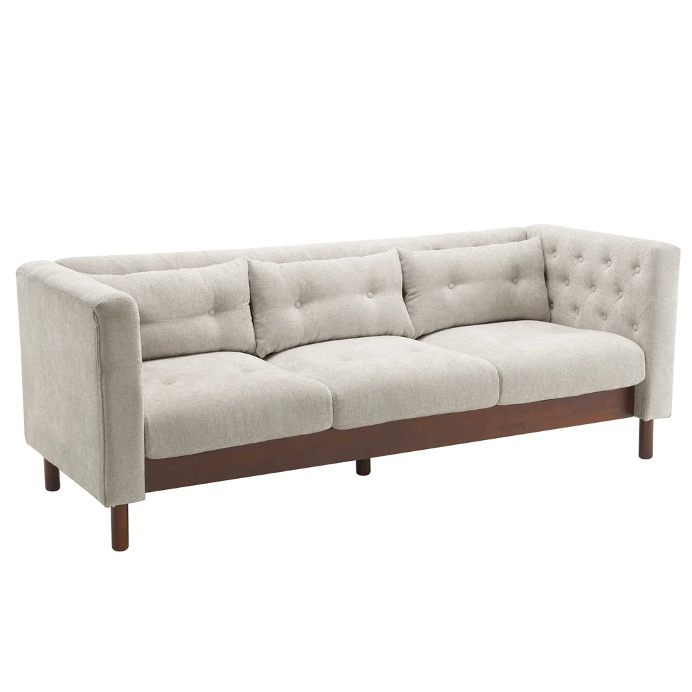#￥Wholesale Upholstered Sofa Modern 3-seater Sofa Tufted Design Couch Wooden Base for Living Room Grayish Beige