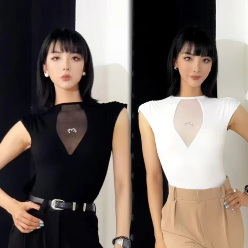 

2025 Summer Latin Dance Tops Women Practice Clothing White Black Bodysuit Adult Rumba Ballroom Dance Performance Wear DNV24607