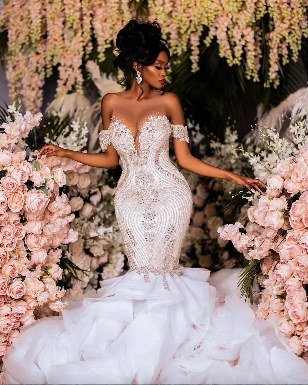 

2026 Arabic Aso Ebi Mermaid Wedding Dresses Off the Shoulder Beaded Crystals Tiers Ruffles Organza Bridal Gowns Dress Vestidos