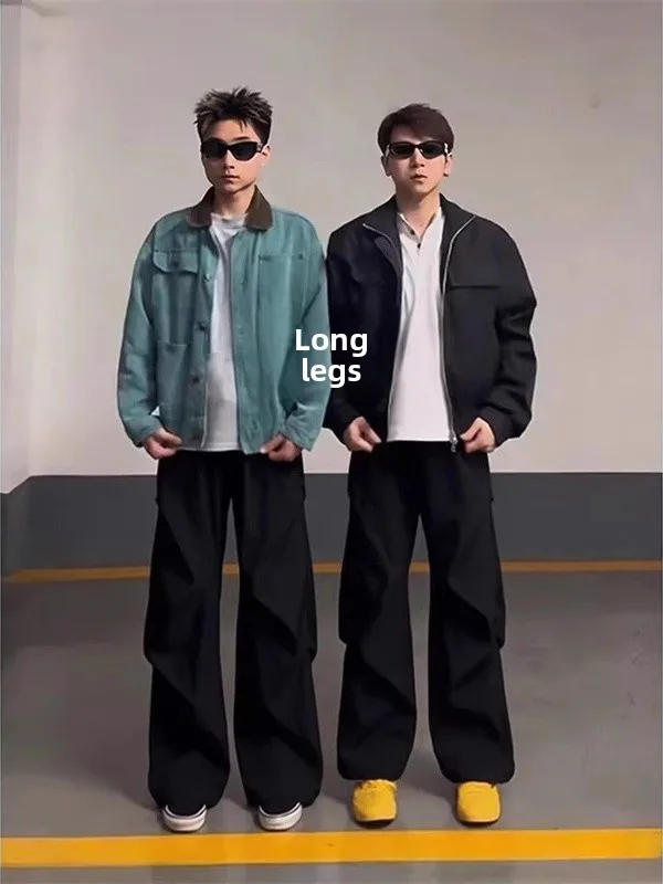 

American Folded Wide Leg Men's Pants Student Trendy Brand Deconstructed Hong Kong Style Loose Drapey Floor-Length Trendy