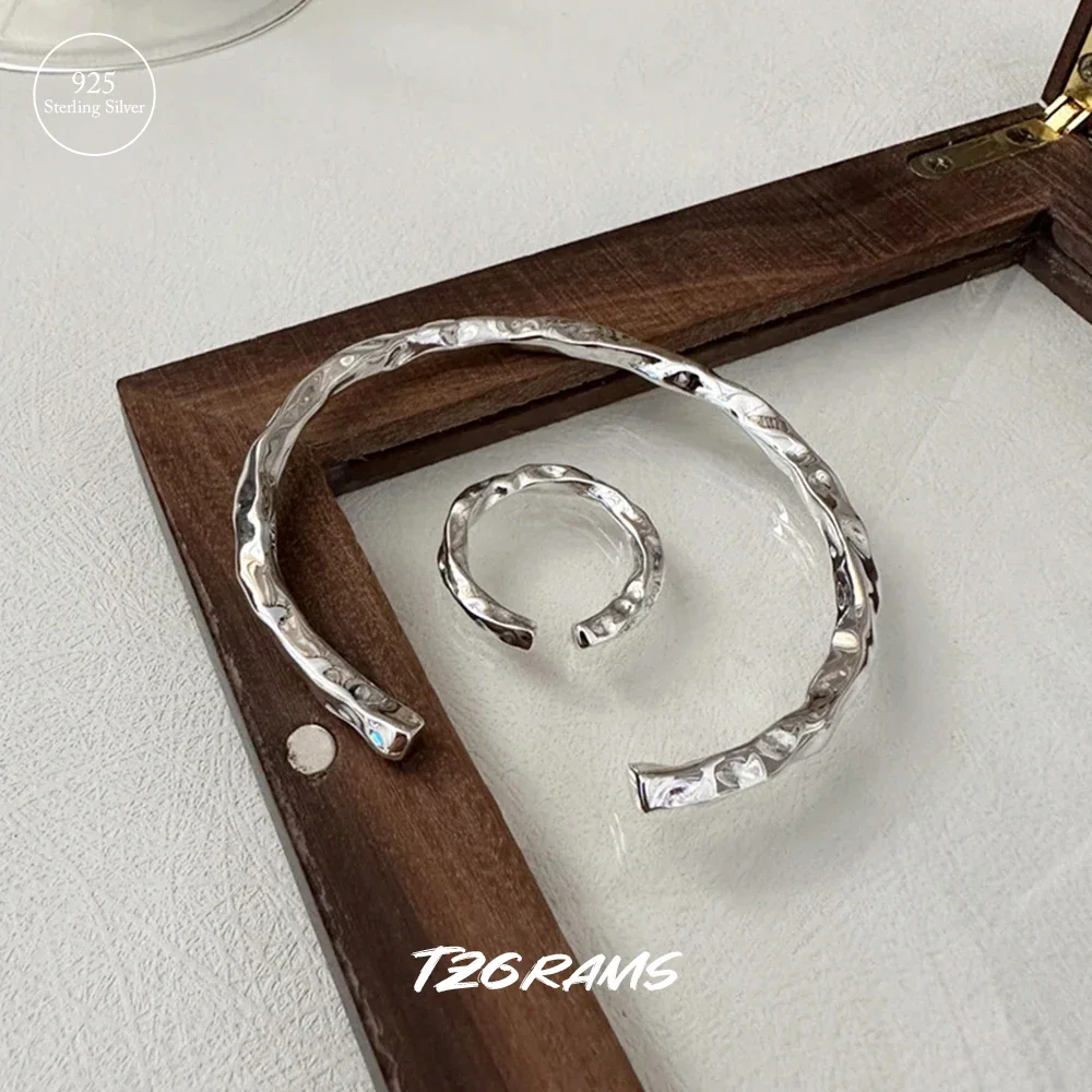 

Solid Real 925 Sterling Silver Twisted Hammered Ring Cuff Bangle Bracelet for Women Adjustable Minimalist Fashion Jewelry Set