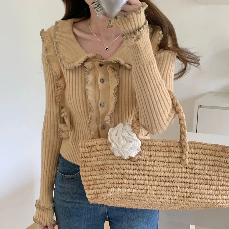 Women's 2025 autumn new style women's blouse wood ear lapel long sleeve slim fit knitted sweater temperament sweater top