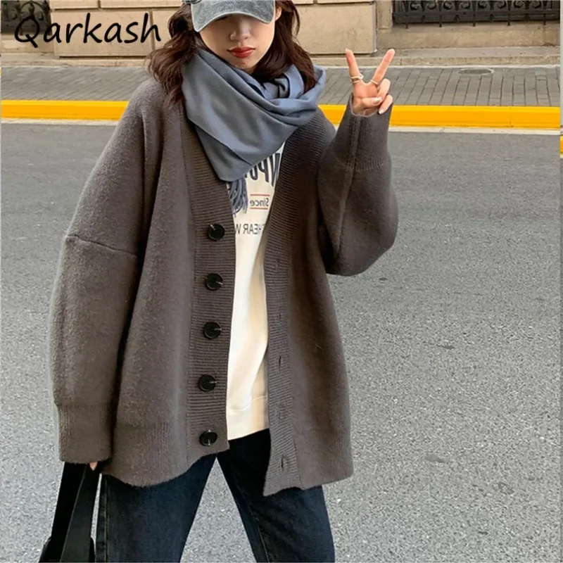 

Однотонный кардиган, женский однобортный кардиган с v-образным вырезом, простой свободный универсальный трикотаж больших размеров, модные повседневные свитера с длинными рукавами